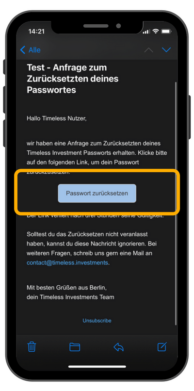 E-Mail Anfrage zum Zurücksetzen des Passworts
